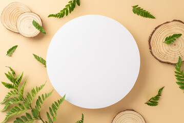Natural botanical design. Above view photo of empty circle surrounded by fern leaves and wooden stands on isolated beige background with copy-space