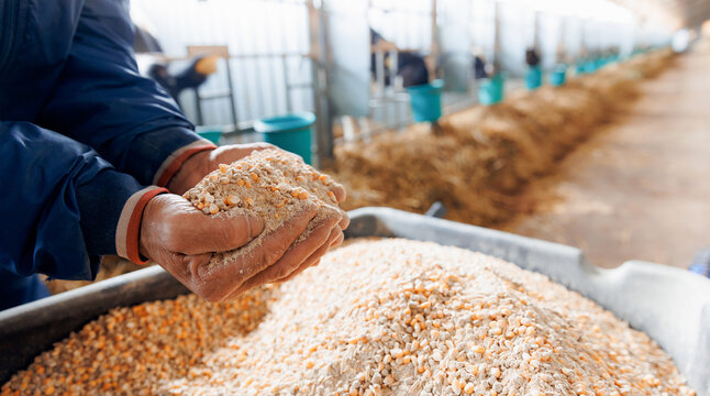 Farmer holding organic mixture food of corn and wheat and giving them to cows in barn farm