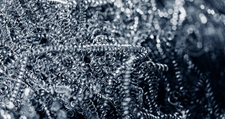 Banner Macro photo of iron metal shavings after CNC drilling lathe machine, Industrial background