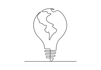 Continuous single line drawing of sphere globe inside shining lightbulb for company logo identity. Vector illustration. Pro vector.