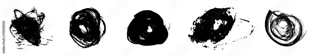 Poster ink brush vector texture elements. round shape paint strokes. grungy rough ink blot scribbles. punk 