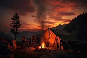 camping with tents and campfire in mountain valley, nature tourism