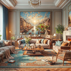 a living room filled with furniture and a painting on the wall, a digital rendering , featured on shutterstock, american scene painting, rich color palette, photoillustration, vray