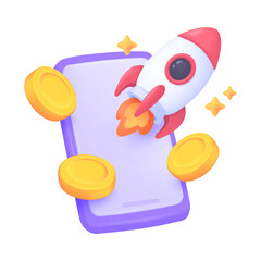 3D rocket flying from a mobile phone with gold coins Ideas for investing in risky assets.