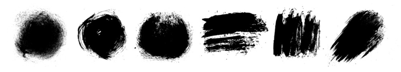 Ink brush vector texture elements. Round shape paint strokes. Grungy rough ink blot scribbles. Punk style dirty splash brushstroke background textures. High definition trace dry dirty distress element - obrazy, fototapety, plakaty