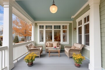 front porch of shingle style home with gambrel roof