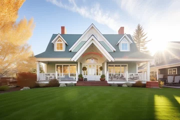 Poster sunlit gambrel roof home with manicured front lawn © studioworkstock