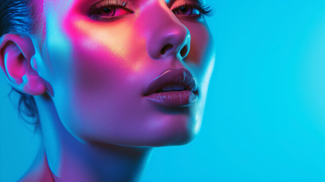 Closeup of a beautiful woman with neon light. fashion photography