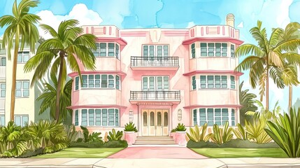 Generative AI, Miami House Summer Vibes watercolor illustration, childish style