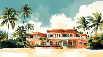 Generative AI, Miami House Summer Vibes watercolor illustration, childish style - obrazy, fototapety, plakaty