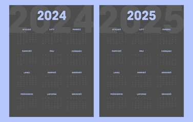 2024, 2025 calendar vector design template, simple and clean design. Calendar in Polish. The week starts on Monday.