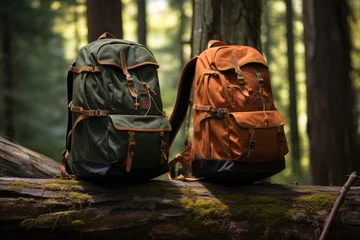 Deurstickers Traveler's backpack and essentials, neatly organized for adventuring, with maps, hiking shoes © jambulart