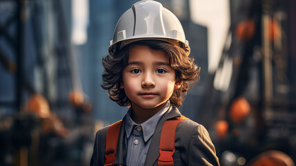 Young child boy wearing construction worker with construction safety hat like architect in front of a city, conceptual of imagination and dream career, generative AI