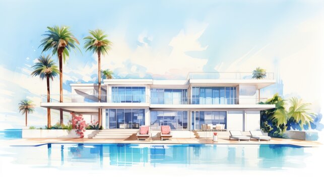 Generative AI, Miami House Summer Vibes watercolor illustration, childish style