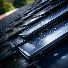 Closeup of roof covered with solar panels on white background Generative Ai