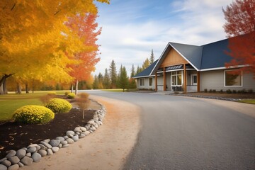 cottage with a winding gravel driveway lined with trees - obrazy, fototapety, plakaty
