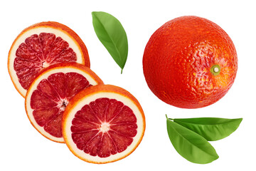 Blood red oranges with slices isolated on white background . Top view. Flat lay