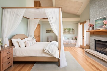cottage bedroom with canopy bed and wooden ceiling