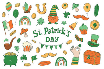 St. Patrick's day doodles collection, hand drawn cartoon decorative elements for stickers, prints, cards, sublimation, posters, etc. EPS 10 - obrazy, fototapety, plakaty