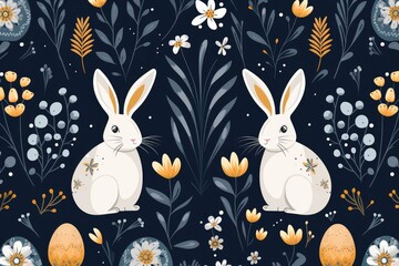 Enchanting Easter Bunny and Egg Pattern with Spring Florals on Dark - Generative AI