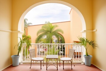 stucco balcony with arches overlooking a garden