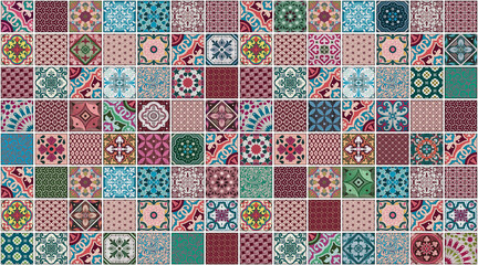 Seamless vintage colorful tiled wall and floor pattern with unique mixed design pattern modern decor background.	
