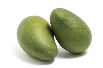 Two fresh organic green mango delicious fruit side view isolated on white background clipping path