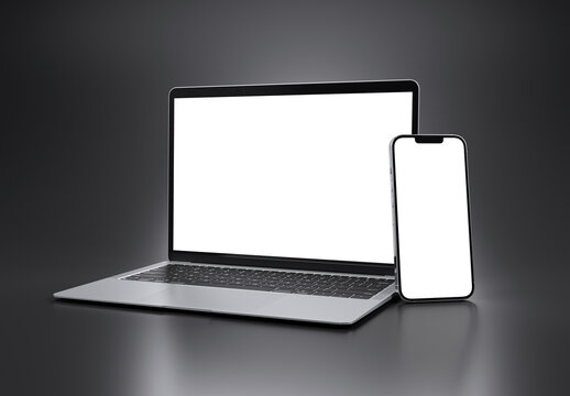 PARIS - France - March 15, 2023: Newly released Apple Macbook Air and Iphone 14, Silver color. Side view. 3d rendering laptop mockup on dark background