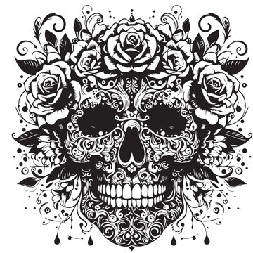 Floral Elements Monochrome in Abstract Skull Vector