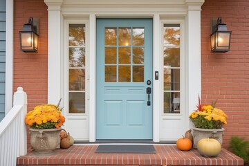 colonial home front door with sidelights and transom - obrazy, fototapety, plakaty