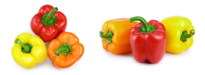 yellow orange and red sweet bell pepper isolated on white background. Top view. Flat lay