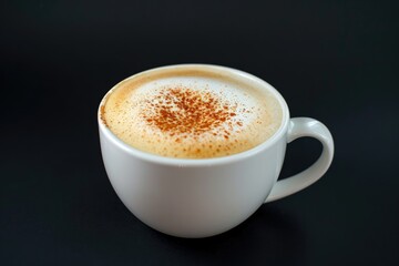 Frothy cappuccino in a white cup, isolated on a black background