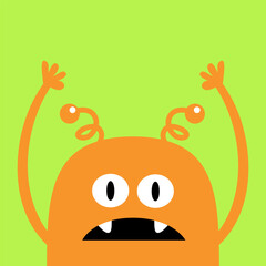 Monster scary face head icon. Happy Halloween. Eyes, fang tooth, hands up. Cute cartoon boo spooky character. Orange silhouette. Kawaii funny baby. Flat design. Green background