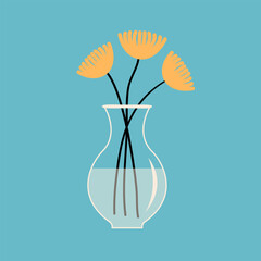 Yellow flower set bouquet. Glass vase with water. Flower in vase. Cute icon collection. Ceramic Pottery Glass decoration. Blue background. Flat design.