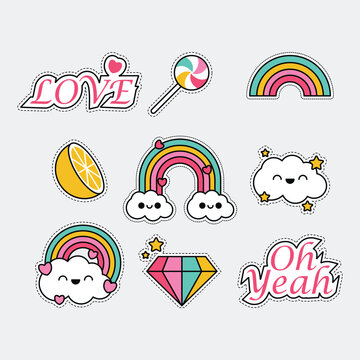 Cartoon sticker pack.text love,candies,rainbows,oranges,clouds,rainbows,stars and diamonds in trendy cute cartoon style.Vector illustration