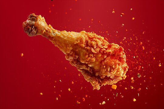 Flying pieces of golden brown fried chicken drumsticks with spices against red background