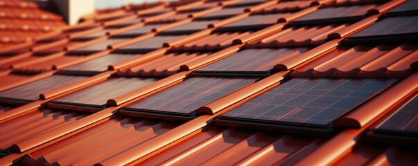 Closeup of roof covered with solar panels on white background Generative A