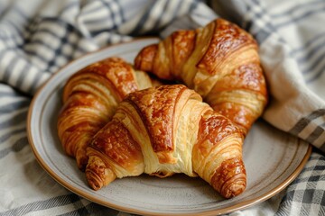 Freshly baked croissants on a plate, isolated on a linen tablecloth background