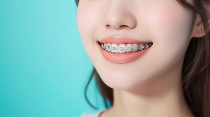 歯の矯正器具を装着した女性の口元
