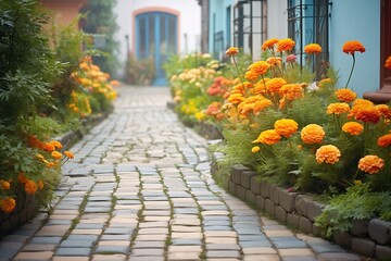 marigolds lining a cobblestone garden path