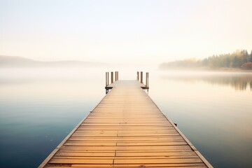 wood plank pier extending out over calm lake waters