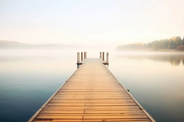 Selbstklebende Fototapeten wood plank pier extending out over calm lake waters © studioworkstock