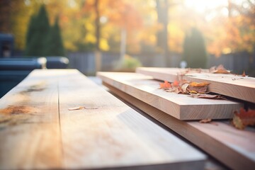 rough sawn planks drying out in an outdoor space - obrazy, fototapety, plakaty