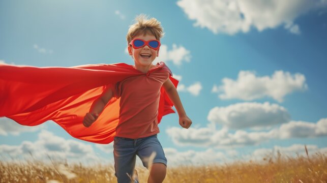 赤いマントとサングラスでスーパーヒーローになりきっている少年
