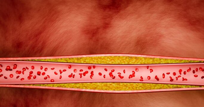Angioplasty to treat heart disease. Hyperlipidemia or arteriosclerosis. Blocked artery concept and human blood vessel as a disease with cholesterol plaque fat buildup clogging. 3D Rendering