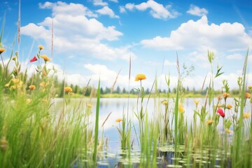 a wetland panorama with scattered cattails and wildflowers