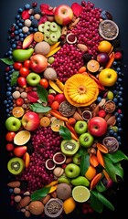 A vibrant assortment of fresh, colorful fruits and vegetables on a dark background. Generative AI.