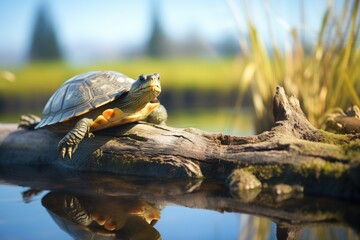 a turtle basking on a log in a sunlit wetlands area - obrazy, fototapety, plakaty