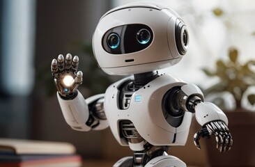 White cute robot raising hand to greet human from Generative AI