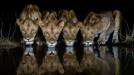 Pride of Lioness Quenching Thirst at Night Reflection. Generative AI.